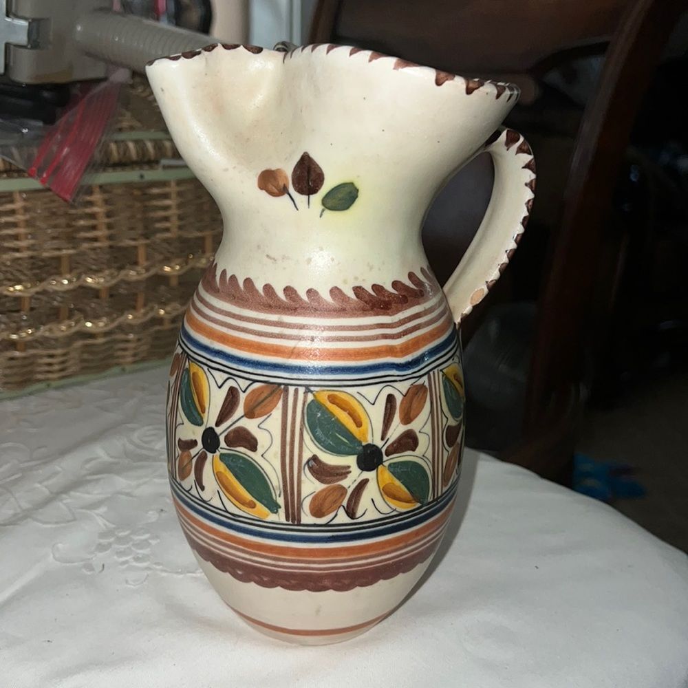 Spanish Hand Painted Folk Art Floral Motif Ceramic Pitcher